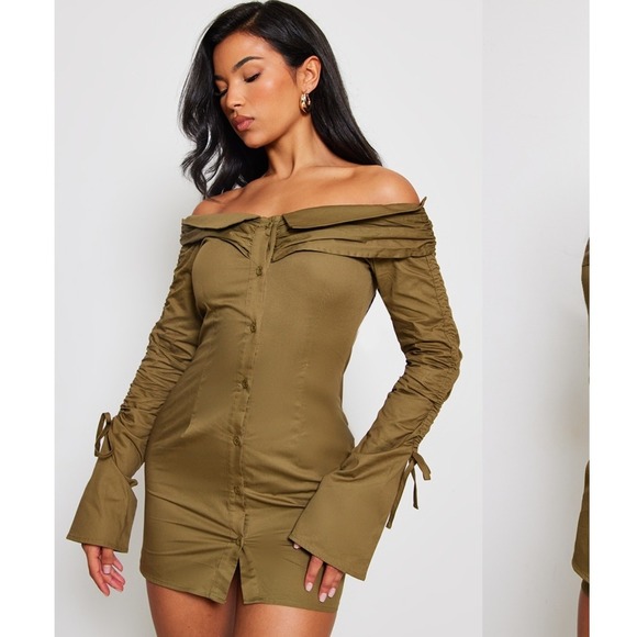 PrettyLittleThing Olive Khaki Woven Ruched Bardot Off Shoulder Mini Dress 6 - Picture 1 of 11